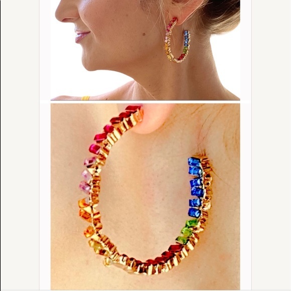 NWT Colorful Stone Hoop + Gold Large Stud Earrings - Picture 1 of 7